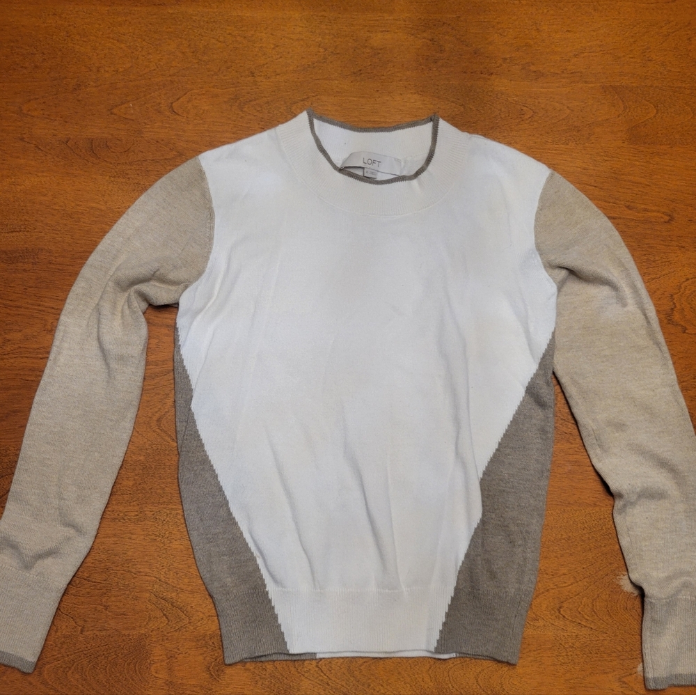 LOFT Women's Colorblock Crewneck Sweater in Ivory, Beige, and Taupe | XS